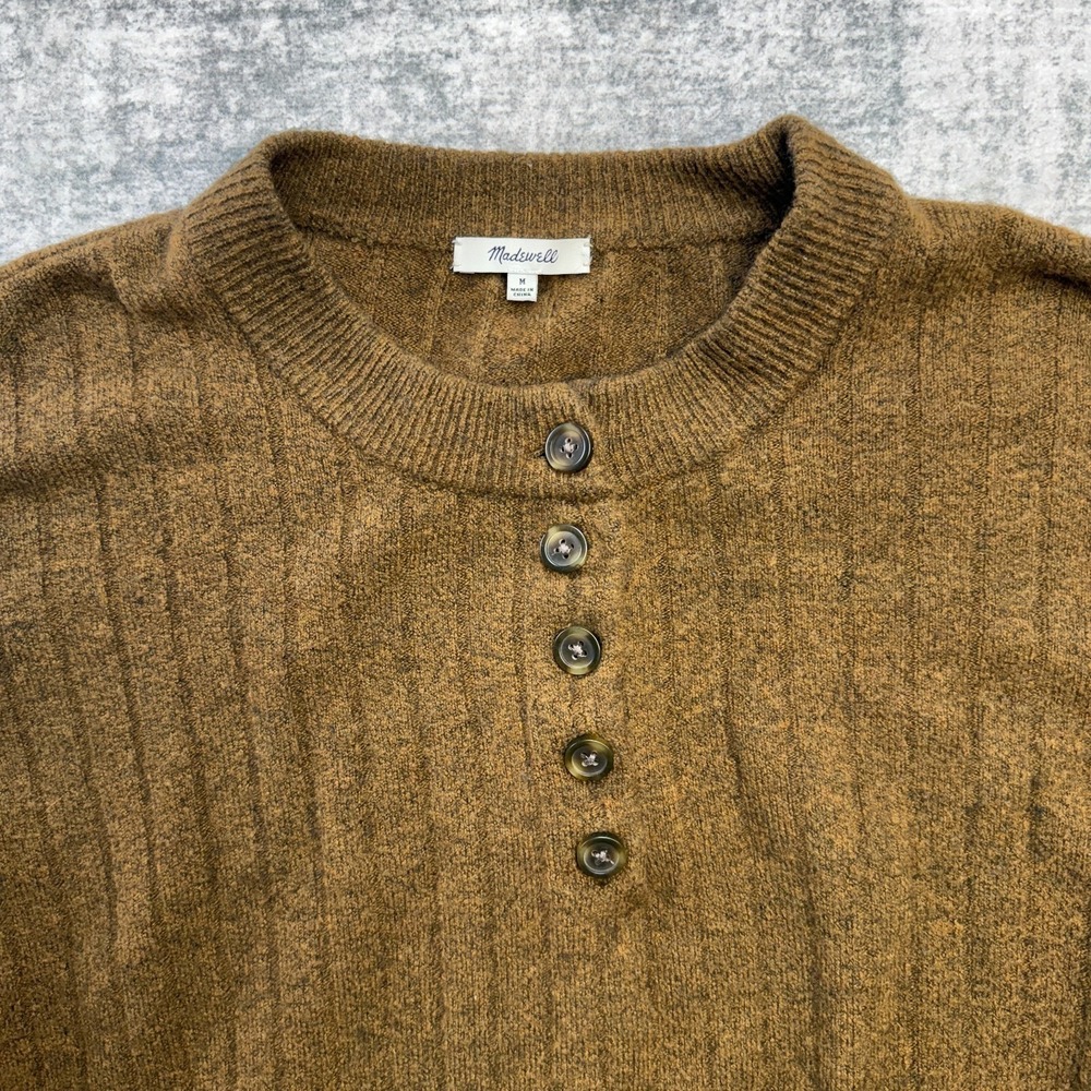Madewell Sweater Women Medium Brown Drab Bowden Henley Ribbed Merino Alpaca - Picture 4 of 10